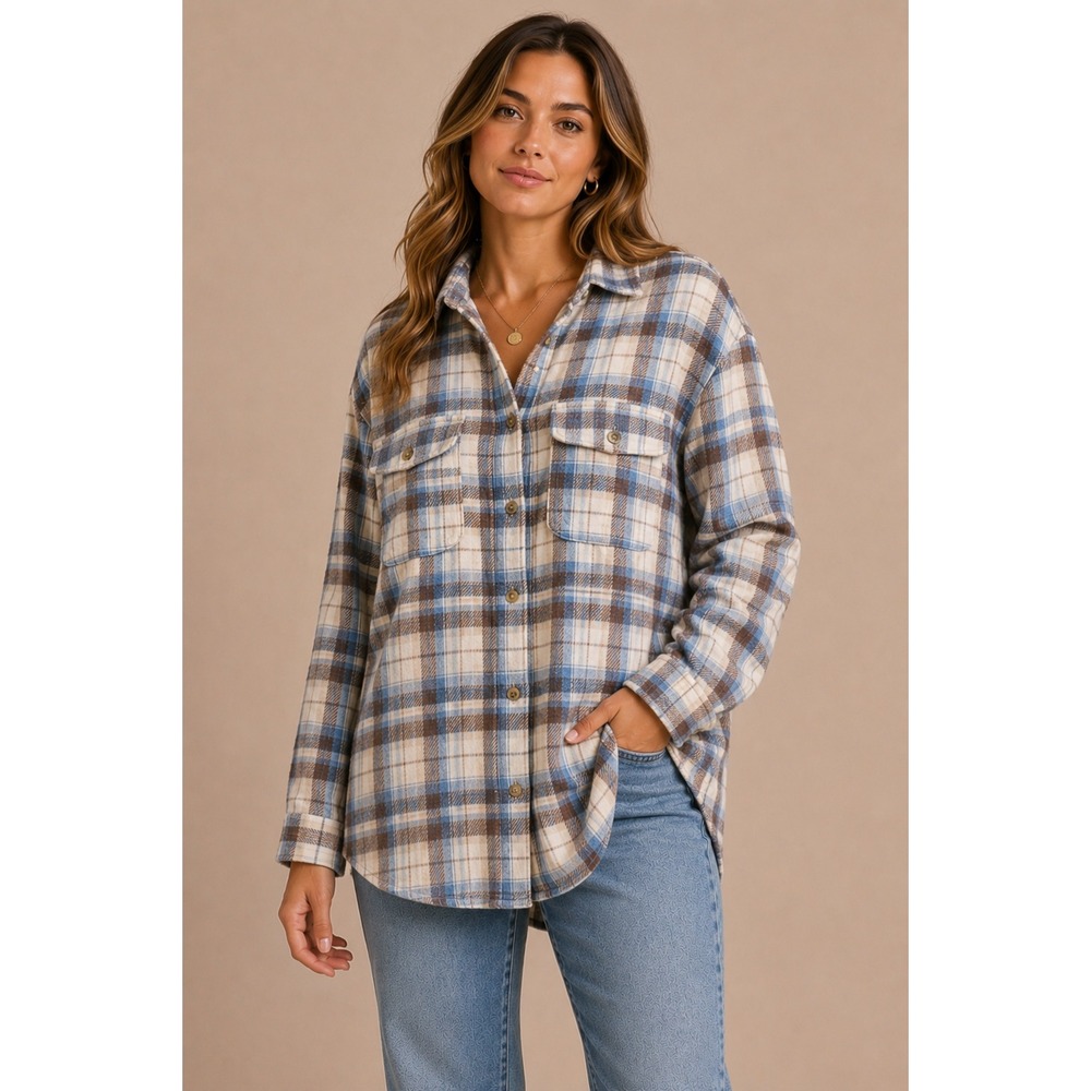 Altar'd State Blue Brown Plaid Flannel Shacket Button Down Shirt XS‎